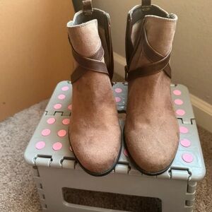 Life Stride Taupe/Brown Suede Ankle Boots with Wrap Strap